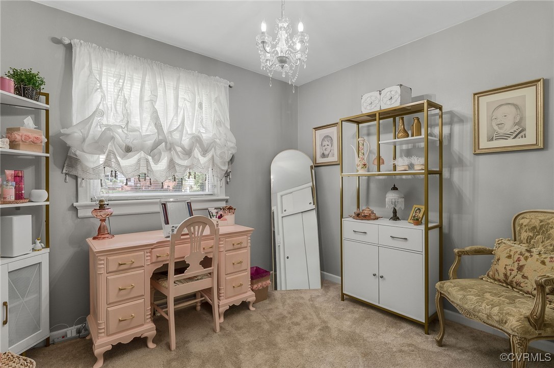 7503 Comet Road Henrico, VA 23294 - Photo 16 of 21 Office area with light carpet and a chandelier