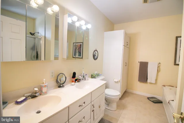 a bathroom with a double vanity sink toilet and shower