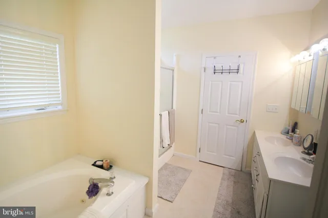 a bathroom with a tub sink and a mirror