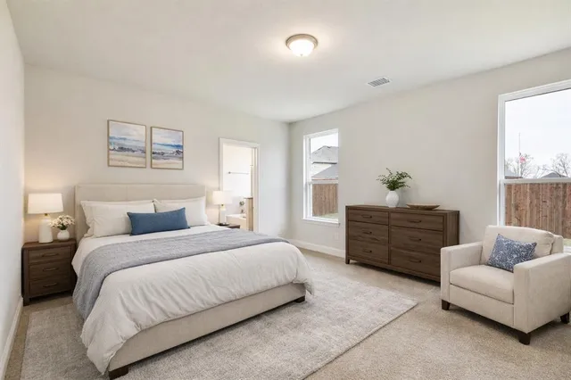 a bedroom with a bed and a couch