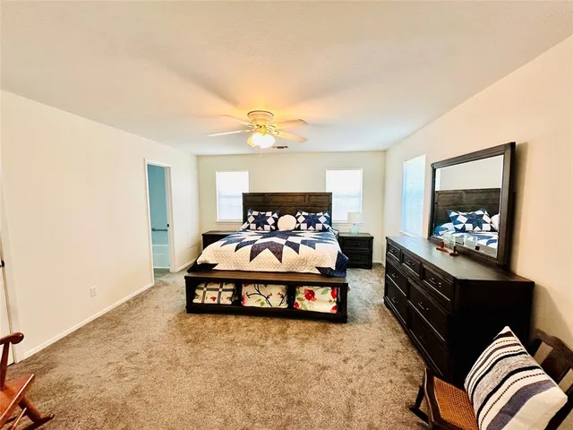 a bedroom with a bed and dresser