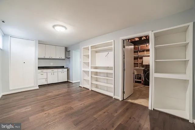 a view of walk in closet with wooden floor and cabinets