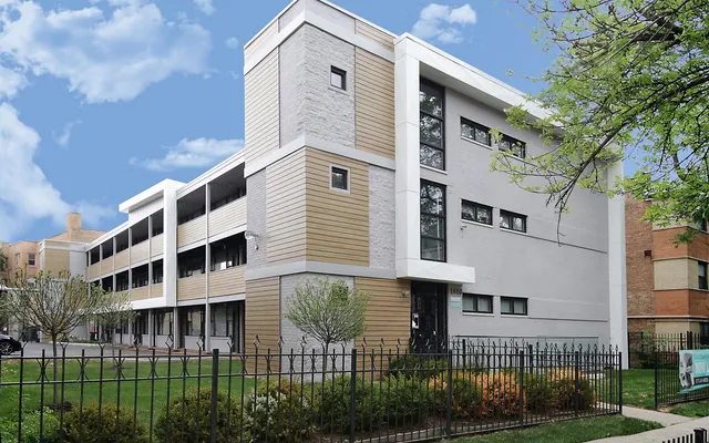 a view of a large white building