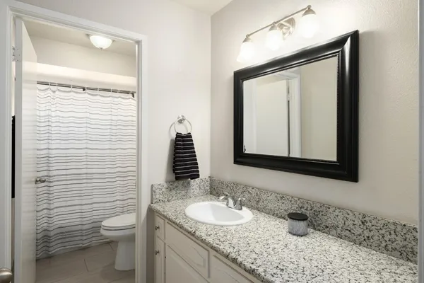 a bathroom with a granite countertop toilet sink and mirror