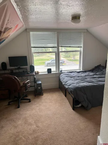 a bedroom with a bed and a desk
