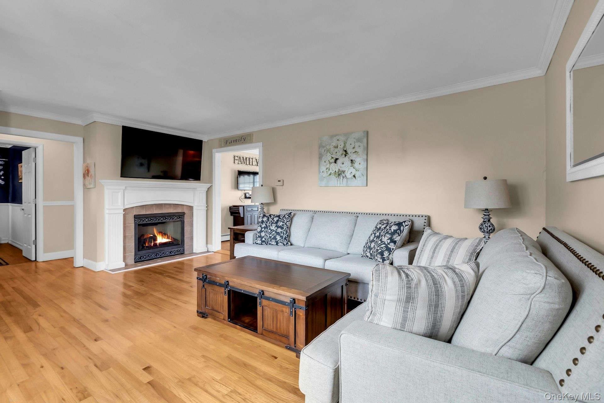 358 Rider Avenue Patchogue, NY 11772 - Photo 5 of 25 Living room with light wood-style flooring, ornamental molding, and a tiled fireplace