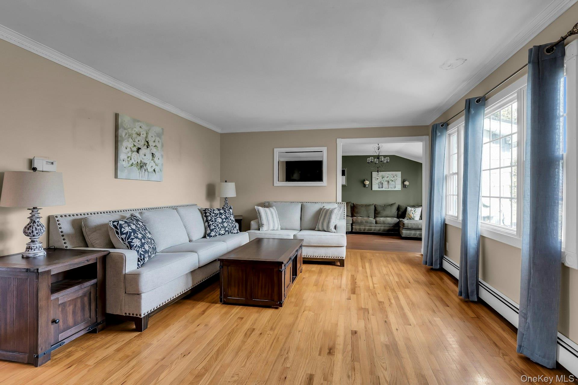 358 Rider Avenue Patchogue, NY 11772 - Photo 6 of 25 Living area with ornamental molding, light wood-style floors, a baseboard heating unit, and a chandelier