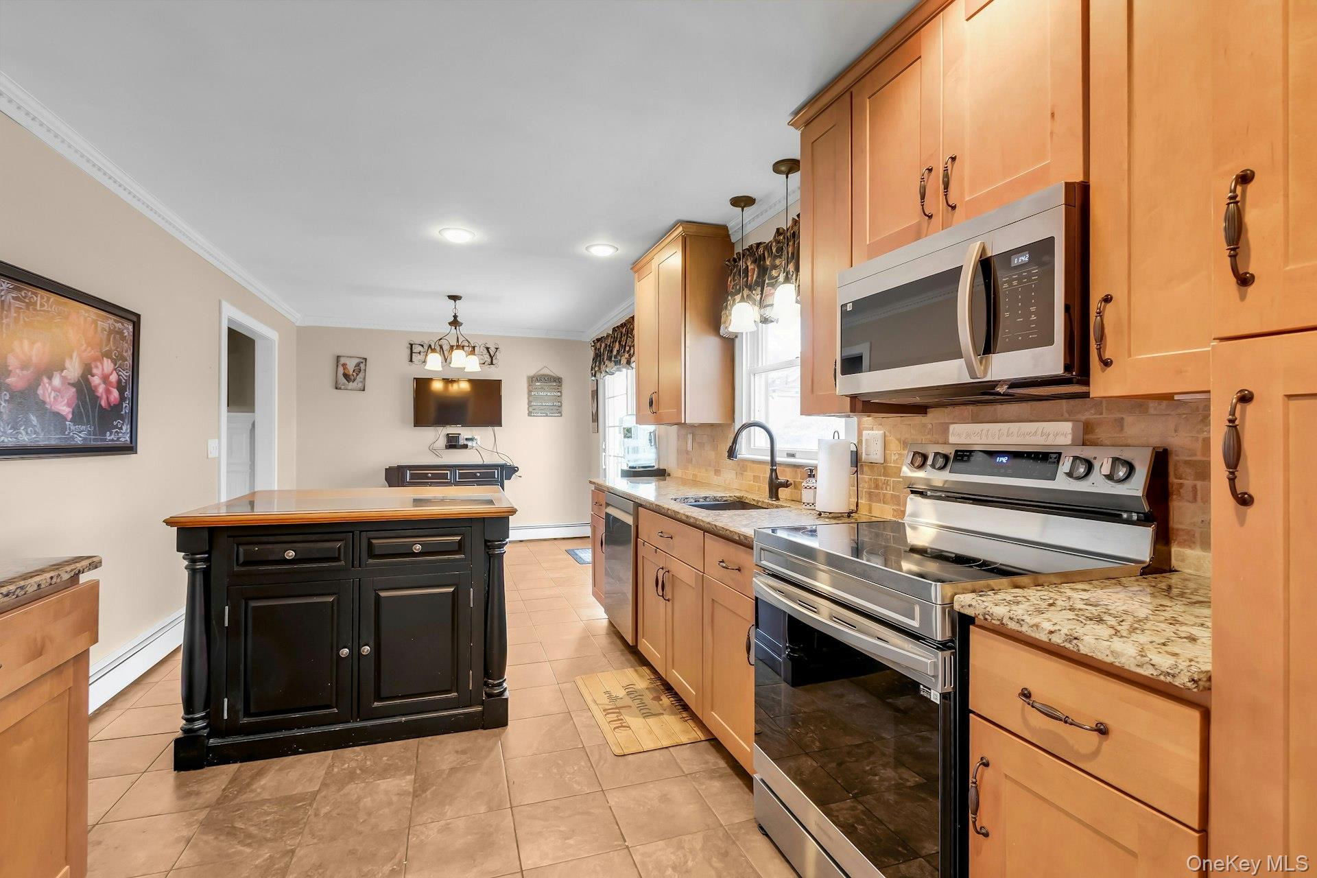 358 Rider Avenue Patchogue, NY 11772 - Photo 9 of 25 Kitchen featuring stainless steel appliances, crown molding, pendant lighting, dark cabinets, and a baseboard radiator