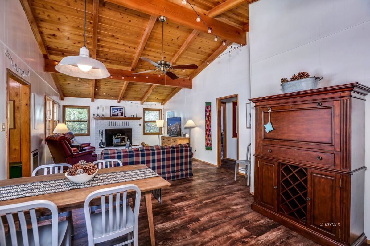25405 Seneca Road Idyllwild, CA 92549 - Photo 23 of 61 a view of a dining room with furniture wooden floor and chandelier