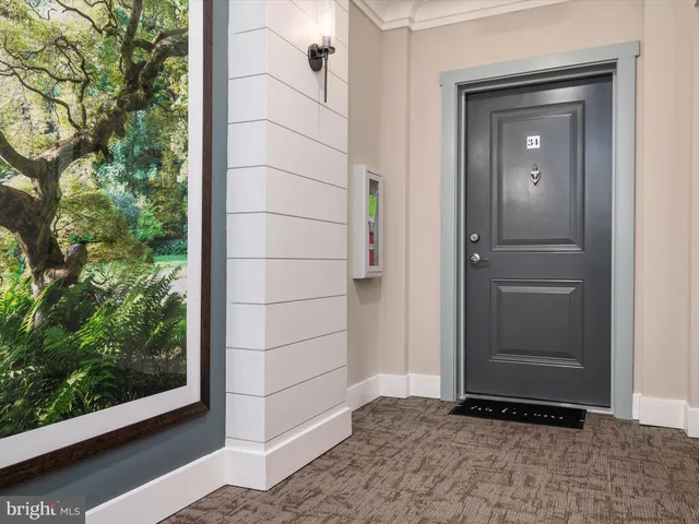 a view of a hallway with wooden floor a fireplace and a potted plant