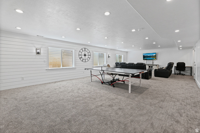 712 East Sunset View Road Grantsville, UT 84029 - Photo 33 of 44 Spacious recreation room featuring light gray carpeting and white shiplap accent walls