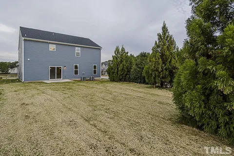 a view of a field with trees in the background