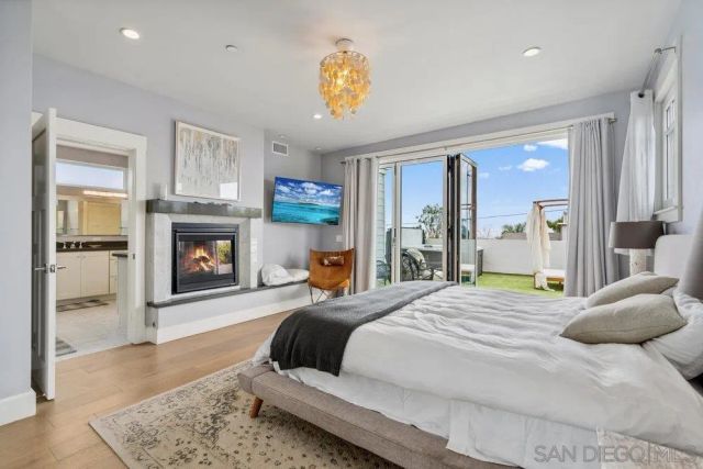 a bedroom with a bed and a fireplace