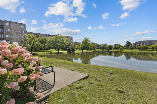 a view of a lake with a garden