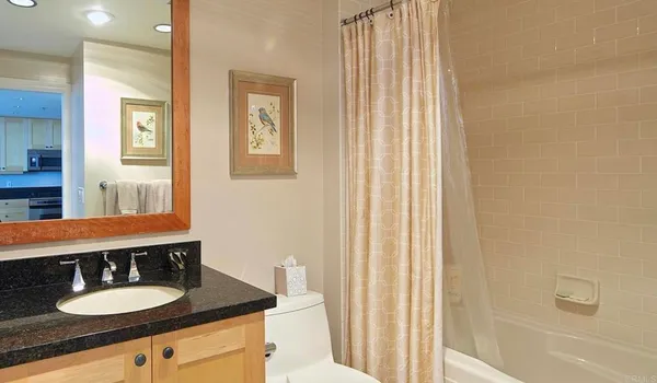 a bathroom with a granite countertop sink and a mirror