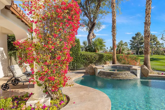 a view of a patio with table and chairs potted plants and a palm tree