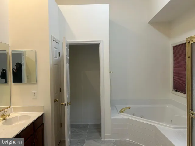 a bathroom with a tub sink vanity and mirror
