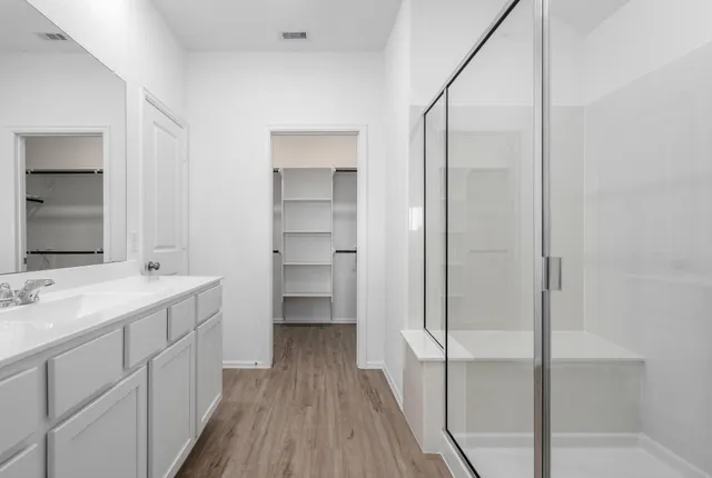 a bathroom with a shower sink and mirror