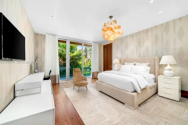 a bedroom with a large bed and a flat tv screen on the dresser