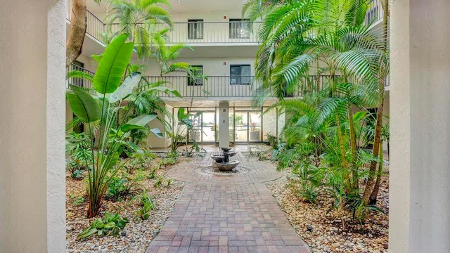 a view of a garden with a chair