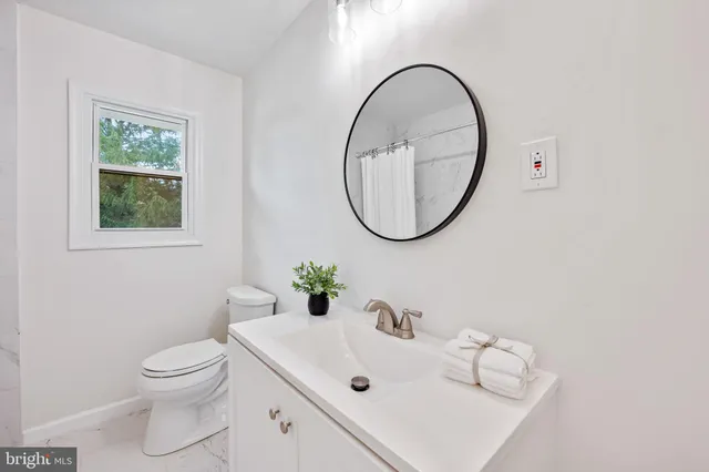 a bathroom with a sink a toilet and a mirror
