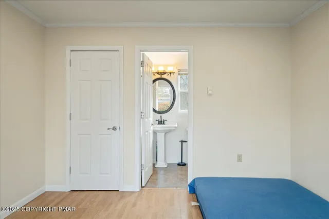 a view of a room with wooden floor and a potted plant on a dresser
