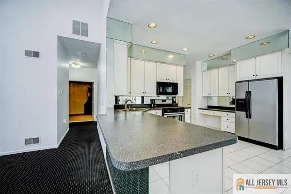 a kitchen with stainless steel appliances a sink stove and a refrigerator