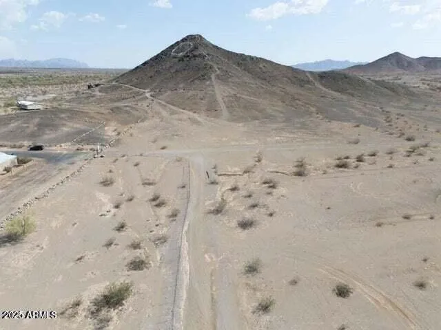 a view of a dry space with mountain in the background