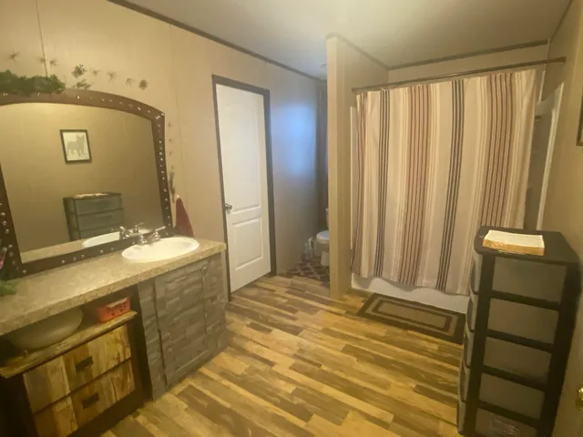 a bathroom with a sink a toilet and a mirror