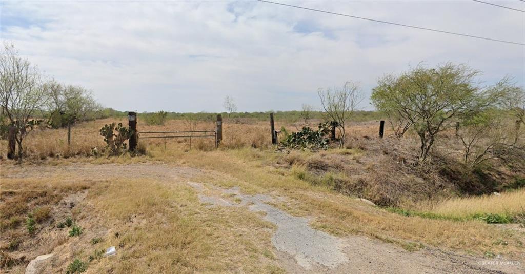 a view of a dry yard with wooden fence