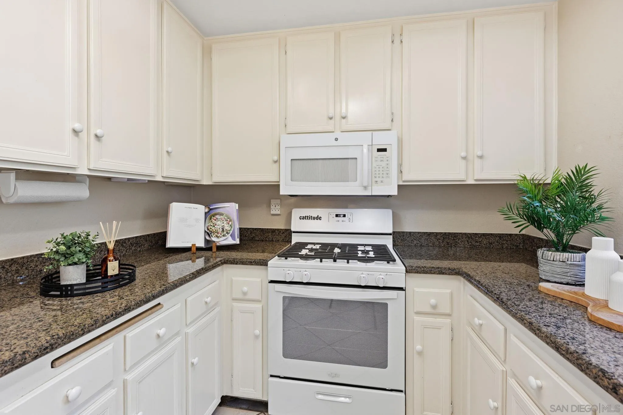 2591 Regent Road Carlsbad, CA 92010 - Photo 14 of 34 a kitchen with granite countertop white cabinets white appliances and potted plant