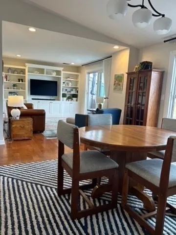 a view of a dining room with furniture
