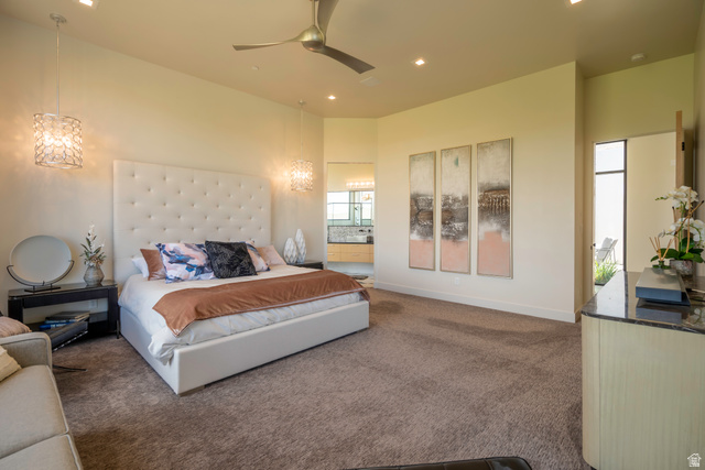 3606 South Cypress Road Hurricane, UT 84737 - Photo 29 of 69 Bedroom featuring dark colored carpet, ceiling fan, recessed lighting, a high ceiling, and ensuite bath