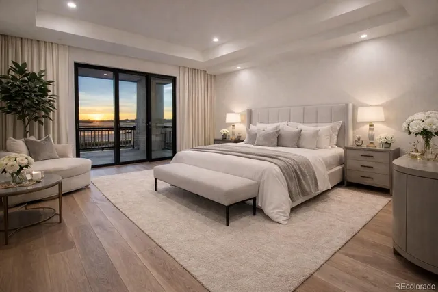 a bedroom with a bed and a couch