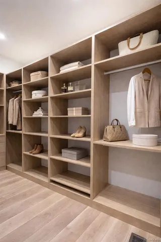 a view of walk in closet with clothes and shoes