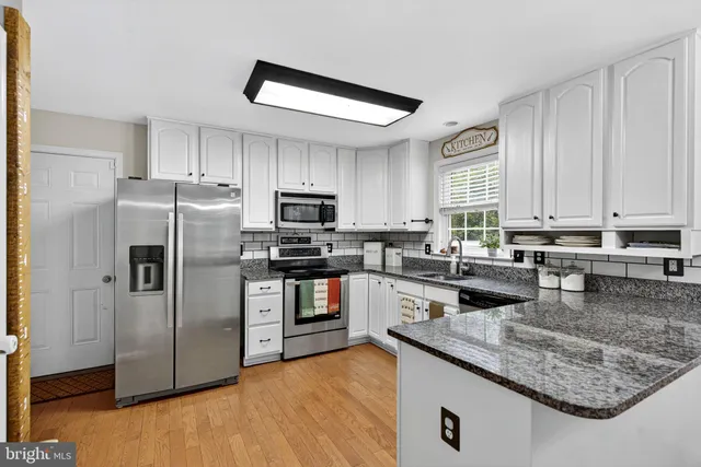 a kitchen with stainless steel appliances granite countertop a stove a sink dishwasher a refrigerator and a microwave