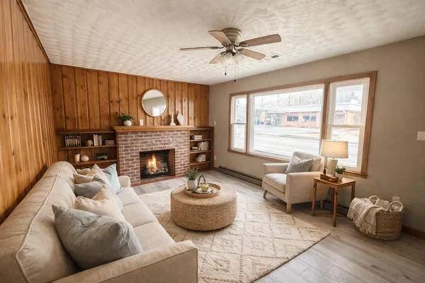 a living room with furniture and a fireplace