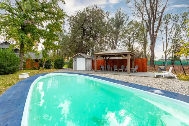 a view of a backyard with a fountain plants and large tree