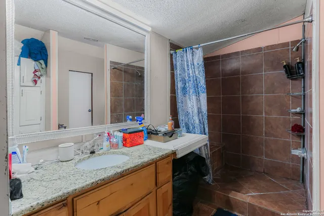 a bathroom with a granite countertop sink a shower and a mirror