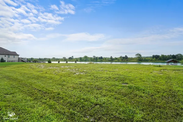 a view of a grassy field with an trees