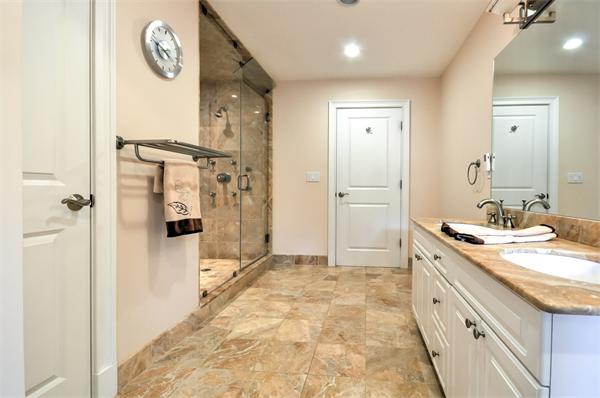 86 McCarthy Road Newton, MA 02459 - Photo 20 of 29 a bathroom with a granite countertop sink a mirror and shower