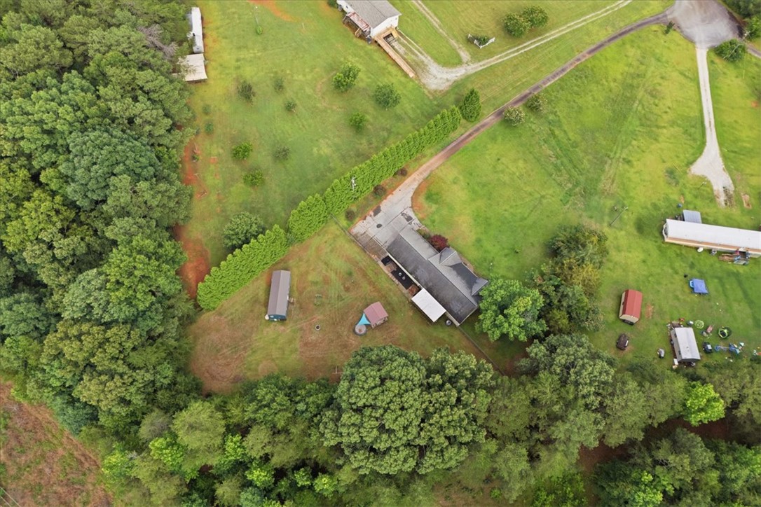 520 Sharon Lane Seneca, SC 29678 - Photo 48 of 48 An aerial perspective reveals a private, expansive green lot with mature trees and a lengthy driveway.