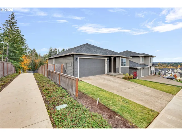 a front view of a house with yard and green space