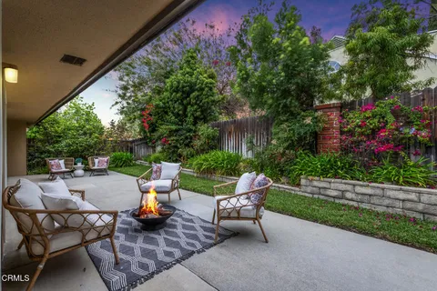 a garden view with a sitting space