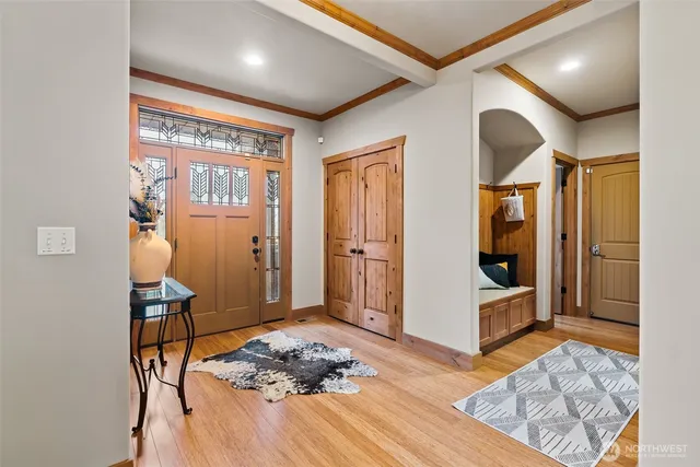 a living room with furniture and a table