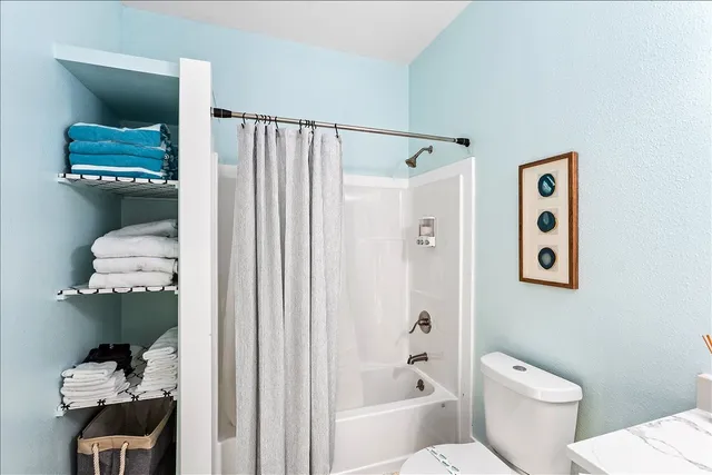 a bathroom with a toilet and a shower curtain