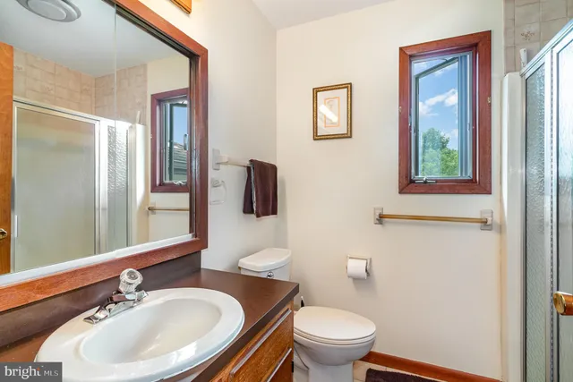 a bathroom with a sink a toilet and shower a mirror