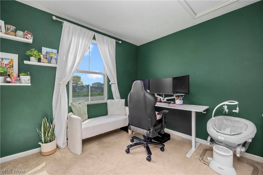 2161 Fowl Road Elyria, OH 44035 - Photo 25 of 46 Bedroom featuring deep green wall color, light-colored carpeting, a window with a white frame, and white trim molding
