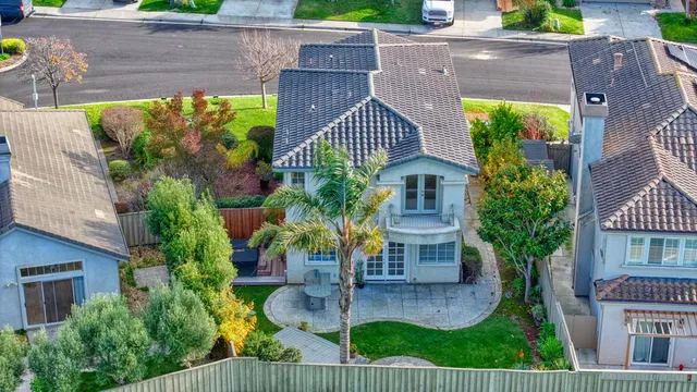 an aerial view of a house with a yard and potted plants