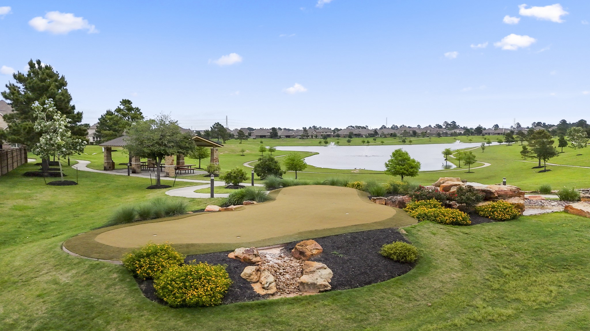 7502 Windsor Park Court Spring, TX 77379 - Photo 48 of 50 A closer look at the amenity area shows the putting green, pavilion, pond, and walking trails all connected in one scenic community space.